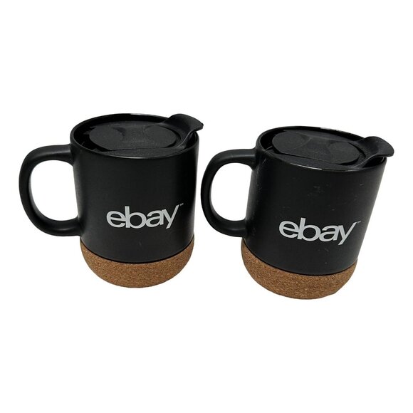Ebay Coffee Mug Ebay Canada Seller Swag Lot 2 Black Ceramic Cork w Lids New - Picture 1 of 13